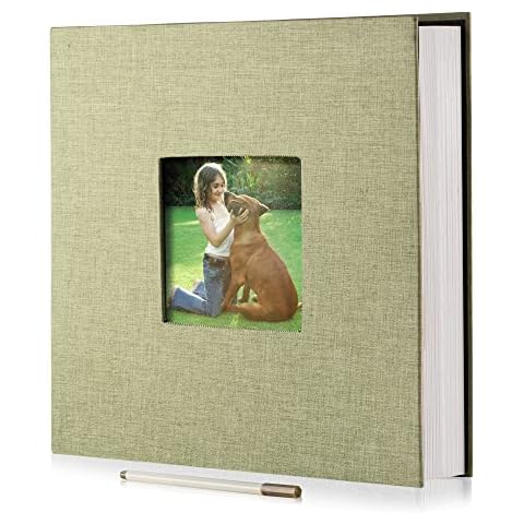 HenPisen Large Photo Album Self Adhesive for 4x6 8x10 10x12 Pictures Magnetic Scrapbook Album 12.6"x11" 40 Pages Linen Cover DIY Photo Album with A Metallic Pen and DIY Stickers(Grass Green) Cover