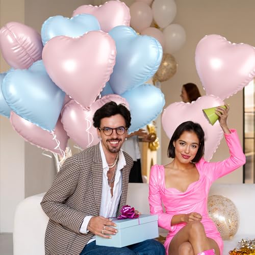 Image of Pink Blue Heart Balloons, 18 Inch Pastel Blue Pink Foil Balloons, 18 Inch Light Pink and Blue Heart Shape Balloon for Girls Boys Birthday Baby Shower Gender Reveal Party Decorations