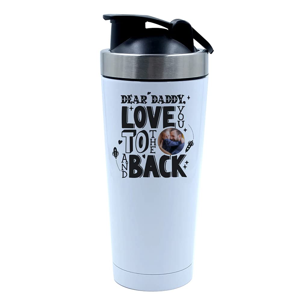 Getagift Personalised Dear Daddy, Love You to The Moon and Back, Dad, Godfather-ANY NAME/IMAGE, Father’s Day, Birthday Present 500ml Aluminium Shaker Bottle. (White)