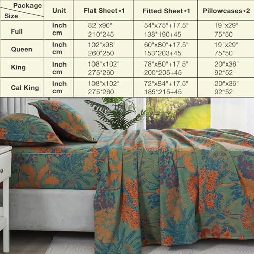 Image of Forest Green Muslin Sheet Set King Size, Shabby Leaf Pattern Chic Neutral Tropical Soft Bed Sheets, Luxury Designer Bedding, Palm Tree Deep Pocket Fitted Sheet, 100% Washed Cotton, 4Pcs