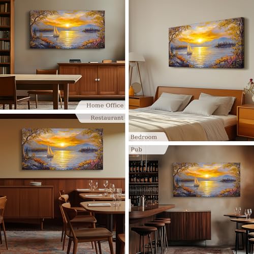 crmotu Sunset Wall Art, Lake Art Wall Decor, Mountain Wall Art, Sailboat Landscape Large Artwork, Cozy Country Paintings Wall Decor Living Room Bedroom Farmhouse Office Art Prints 24x48inch