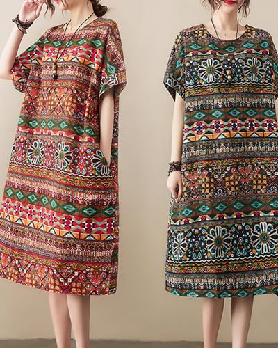 Image of LUZU JUNU Women's Summer Baggy Plus Size Loose Cotton Linen Long Boho Beach Dress with Pockets