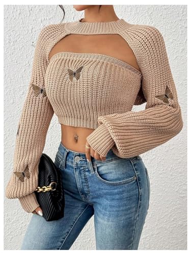 Image of SOLY HUX Sweaters for Women Butterfly Embroidery Tube Knit Tops and Cropped Shrug Sweater Apricot Butterfly Medium