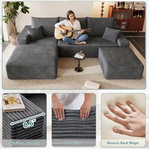 Image of 95 inch U-Shape Cloud Couch, Modern Modular Sectional L-Shape Sofa with Ottoman, Corduroy Upholstered Couches Deep Seat Sleeper Chaise Longue for Living Room, No Assembly Required(Dark Gray, Left Facing)
