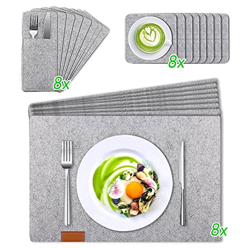Tischset Filz Set, 8er Set Platzset Aus Filz Abwaschbar, Hitzebeständig Platzdecken mit Untersetzer und Besteckbeutel, rutschfest Platzset 44 x 30 cm für Küche, Familie, Restaurants, Veranstaltungen Cover