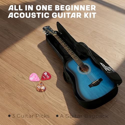 Image of REVEL Basswood 38 Inches Acoustic Guitar With Carry Bag And Plectrums Beginner And Learners Standard Size Configuration (Blue) Full,RVL-38C-LGP-BLS