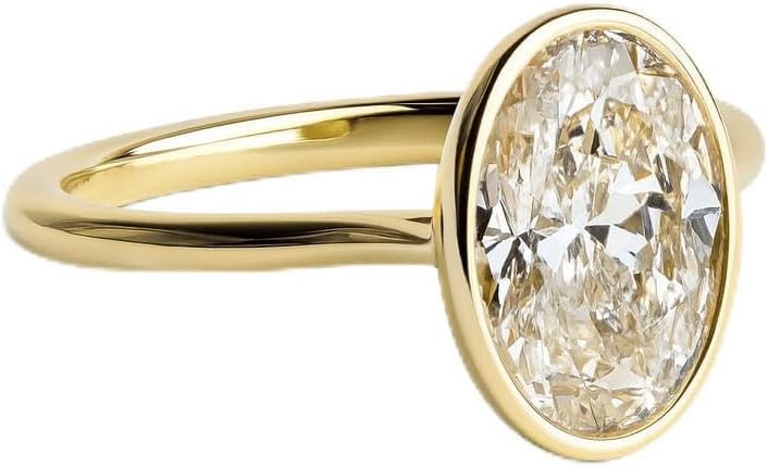 Oval Bezel Set Moissanite Engagement Ring for Women 14K Yellow Gold Plated Sterling Silver Solitaire Ring Dainty Oval CZ Minimalist Wedding Promise Ring Classic Anniversary Jewelry