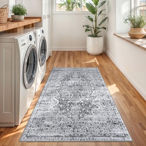 KUTA Area Rug 3x5, Vintage Floral Rugs for Living Room Grey White Washable Non-Slip, Ultra Soft Printed Medallion Entry Low-Pile Throw Carpet for Bedroom Dorm Décor