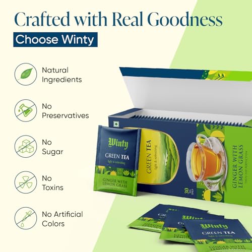 Image of Winty Ginger Lemongrass Green Tea 30 Tea Bags | Wellness Brew | Rich in Antioxidants | Aromatic Blend | Herbal Tea for Natural Detox