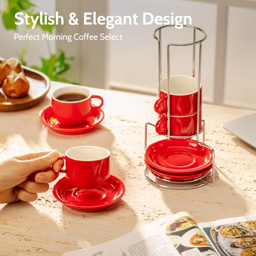 Image of Sweese 4 Ounce Porcelain Stackable Espresso Cups with Saucers and Metal Stand Set of 4, Red