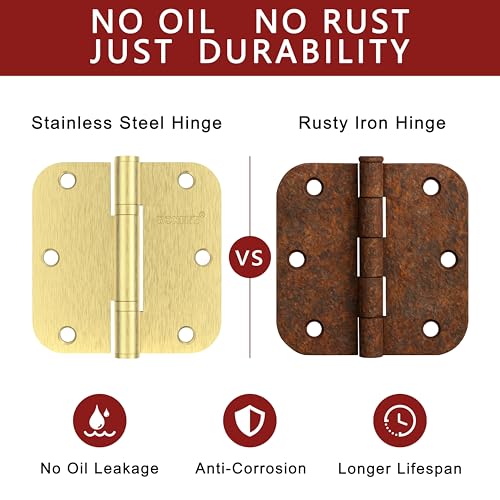 9 Pack Door Hinges 3.5'' Premium Stainless Steel Door Hinges 3.5'' X 3.5'' with 5/8" Radius Corner Heavy Duty Rust-Resistant Oil-Free Doors Hardware (Brushed Gold) by RONESS - Used condition - Image 5