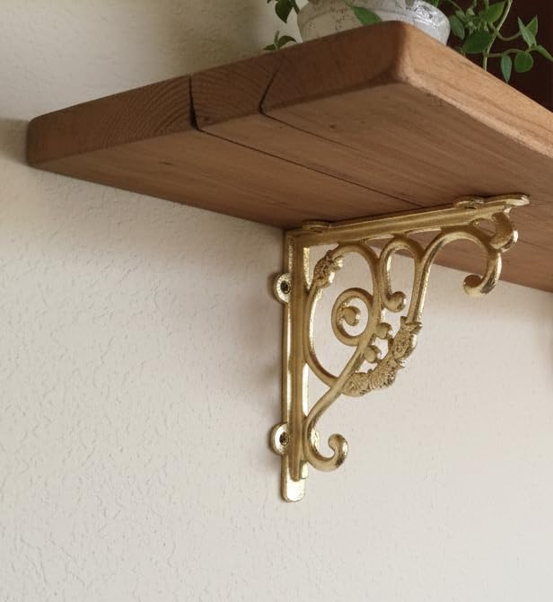 Image of Metal Handcrafted Shelf Bracket for Floating Shelves Decorative L Angle Shaped Corner Brace Joint Heavy Duty Wall Mounted Supporter Corner Brace Holder (Gold, 8.5 inch (21.5 cm))