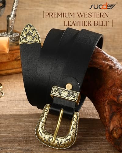 Image of SUOSDEY Fashion Leather Belts for Women with Vintage Metal Buckle Belt, 08-black(gold Buckle), S:24''-28'' Waist