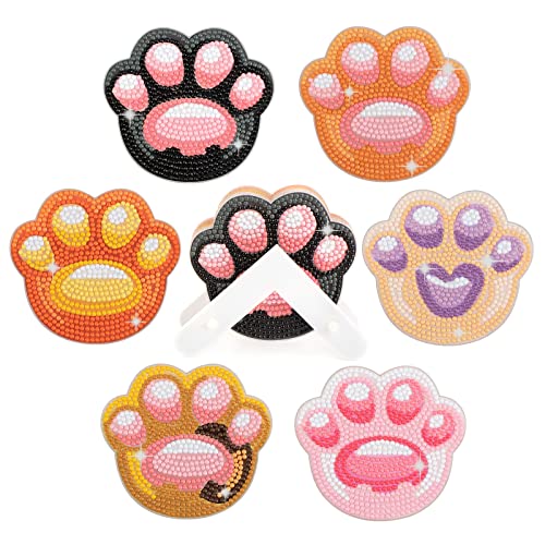 MVVMTOP 6 Pcs Diamond Painting Coasters with Dimensional Holder, DIY Special Shapes Cat Paw Diamond Art Kits Non-Slip Coaster for Beginners, Adults Art Craft Supplies