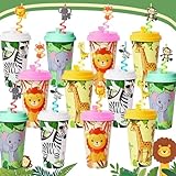 Lidmada 24 Sets Jungle Animal Party Favors Goodie Cups with Lids and Safari Animal Straws for Birthday Decorations, Plastic Cups Silly Straws for Party Bags Gift Pinata