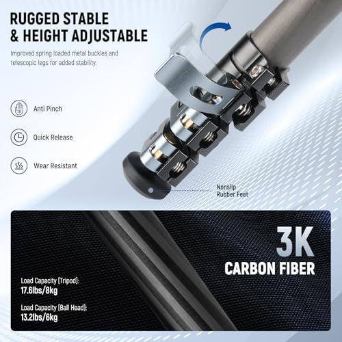 Image of NEEWER 60.4 inch Travel Tripod Carbon Fiber with Detachable 360 Ball Head, Lightweight Video Camera Stand with Metal Quick Flip Buckle, Arca Type QR Plate Compatible with PD, LT36