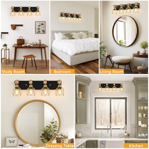 Image of FadimiKoo Farmhouse Bathroom Vanity Light Fixtures, 4-Light Wood Bathroom Lighting Over Mirror, Rustic Black Gold Sconces Wall Lighting with Metal Lampshade for Living Room, Bedroom, Hallway