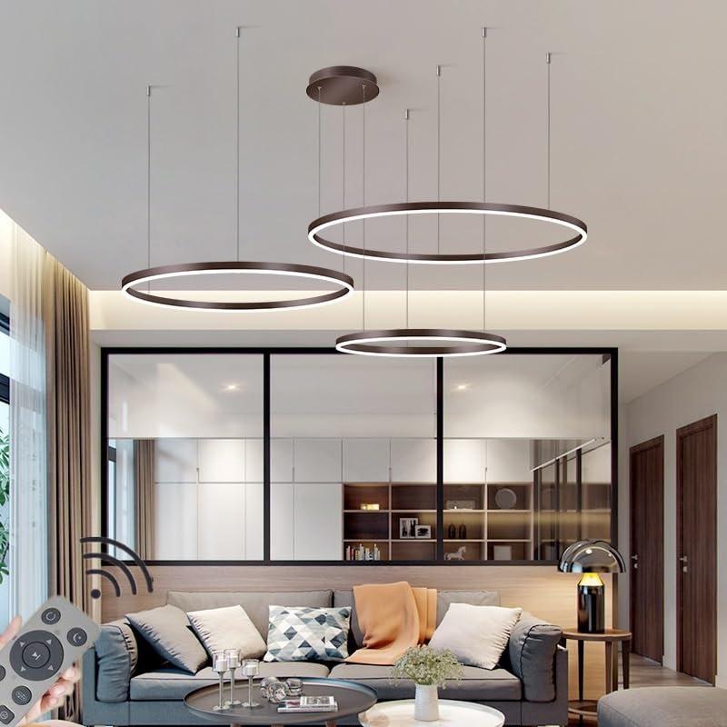 LYMSXAZOU Lámpara de araña LED Regulable con Anillo, Moderna lámpara Colgante para Comedor, Cocina, Isla, Color marrón, 3 Anillos (100 + 80 + 60 cm, 188 W)