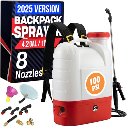 Battery Powered Backpack Sprayer - 4.2 Gallon, 8 Nozzles, 100PSI Cutoff, Long Battery Life, Wide Mouth, High-Pressure Spray Hose, Trigger Lock, Pressure Knob Controller