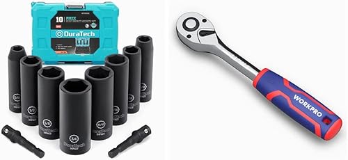 DURATECH Juego de llaves de trinquete WORKPRO de 10 piezas de 38 pulgadas de impacto profundo de 6 puntos y llave de trinquete de 38 pulgadas
