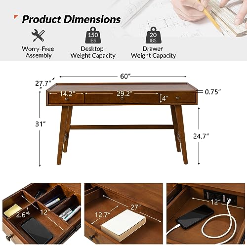 HULALA HOME Home Office Desk with 3 Drawers & Solid Wood Legs, Writing Table with Charging Station & Cable Management, Mid Century Modern Desk for Bedroom/Living Room/Study/Workstation, Walnut - Thumbnail 2