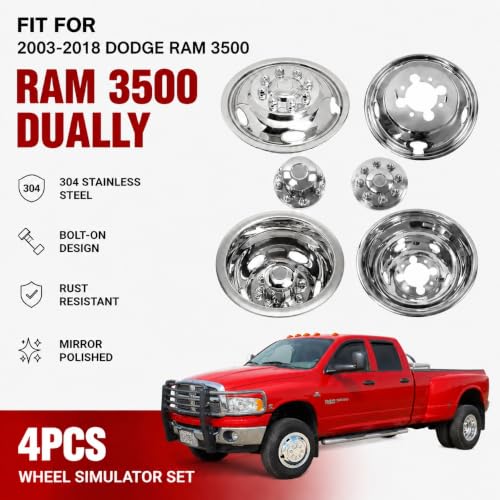 Image of 4pcs 17inch Anti Rust Polished Stainless Steel Dually Wheel Simulators Fit for 2003-2018 Dodge Ram 3500, 8 Lug 5 Hand Holes Bolt On Wheel Cover with Removable Centre Cap Hubcaps 708D