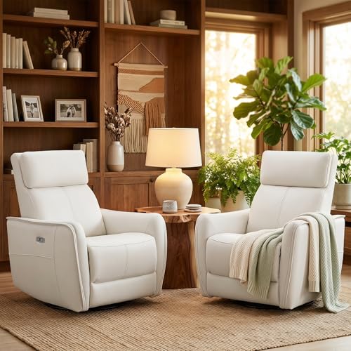 Image of HAOMARKETS Electric Swivel Rocker Recliner Chair Set of 2, Power Faux Leather Glider Rocking Recliners for Adults,360 Swivel Nursery Reclining Sofa with USB Charging Port, White