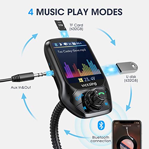 VicTsing (Upgraded Version) Bluetooth FM Transmitter, Auto Scan Unused Station Bluetooth Audio Adapter for Car with 1.8" Color Screen, QC 3.0, EQ Modes, Aux, Hands-Free Calls