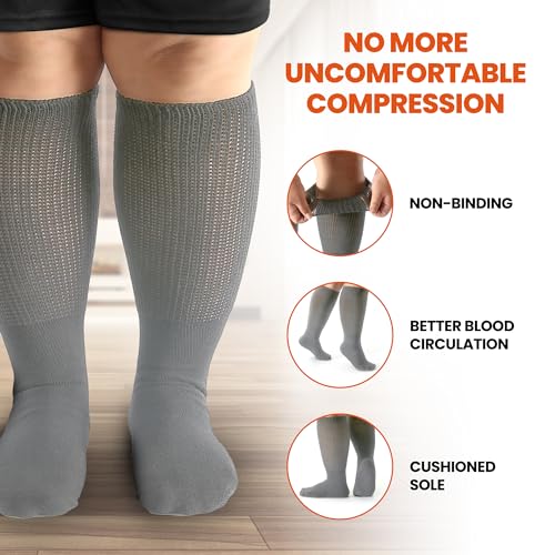 Wide Calf Socks, Women and Men's Wide Socks, Extra Wide Socks, Diabetic Socks for Men and Women, Loose Fit Socks - 3 Pairs4