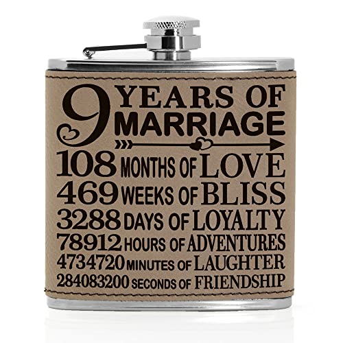 9 Years of Marriage Engraved Leather 6 oz Flask, Our 9th Wedding Anniversary, 9 Years as Husband & Wife, Gifts for Her, for Him, for Couples