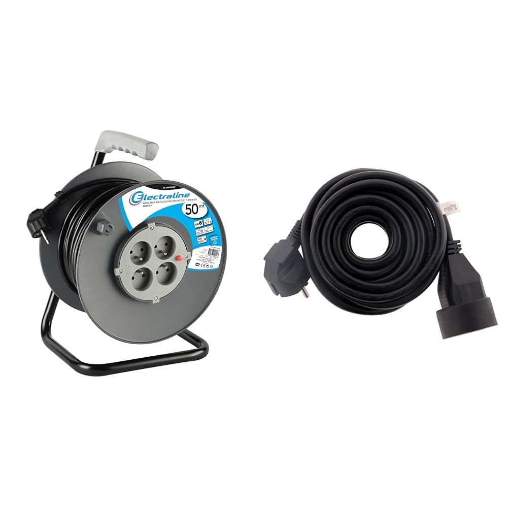 Electraline 20867019F Rallonge Prolongateur électrique 50 m avec enrouleur 4 Prises 16 A section 3G1,5 mm² Gris & Zenitech Prolongateur 16A 2P+T HO5VV-F 3G1,5mm² Noir 10m