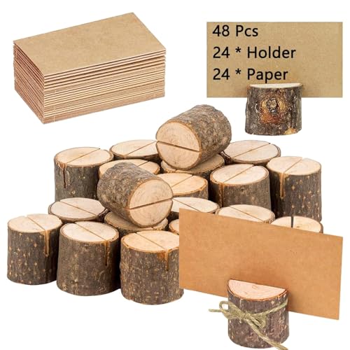 48 pezzi stand in legno naturale, supporto per carte in legno, porta carte in legno, per matrimonio, in legno naturale, supporto per foto, per festa di compleanno di matrimonio (24 titolari + 24 carte