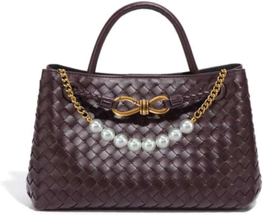 Woven Tote Bag for Women with Removable Pearl Chain Vegan Leather Woven purse Mediu...