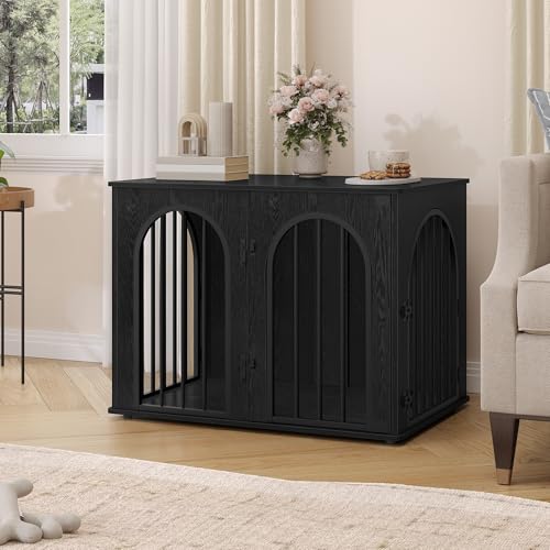 Hzuaneri Hundekäfig Möbel, 80cm Hundebox für Zuhause, 3 Türen, Bogentür, Moderne Hundebox Indoor für Hunde, Beistelltisch, Hundekäfig Hochbelastbar, 80 x 56 x 61 cm, Schwarz DFC85104B