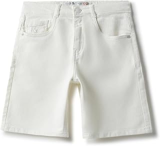 Tales & Stories Boys White Bermuda Shorts | Stretch Lycra Fabric | Solid Enzyme Washed | 5-Pocket Casual Wear | Above-Knee... Price In India
