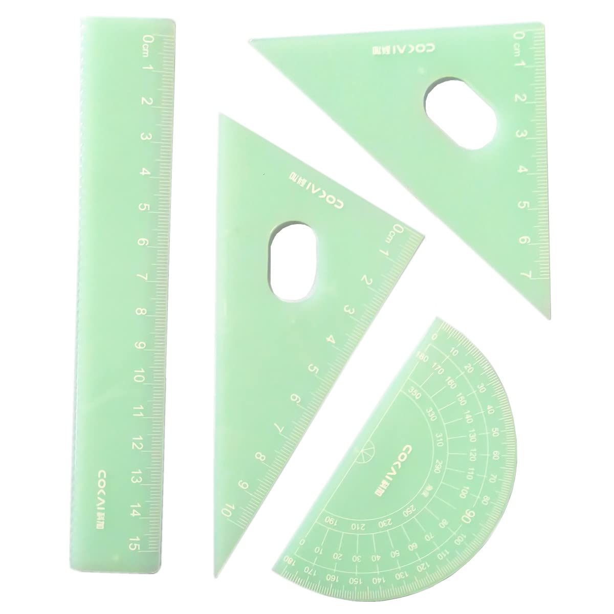 Morices Green 4 Pcs Jelly Color Geometry Rulers, Triangle Ruler Protractor Plastic Ruler With Clear Scale, Translucent Math Rulers Drafting Measuring Tool With Storage Box For Home School Use (Green)