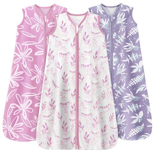 Image of Baby Sleep Sack 0-6 Months 3 Pack 100% Cotton Lightweight 0.5 TOG Wearable Blanket Baby Sleep Bag with 2-Way Zipper for Newborn Infant Purple Leaf