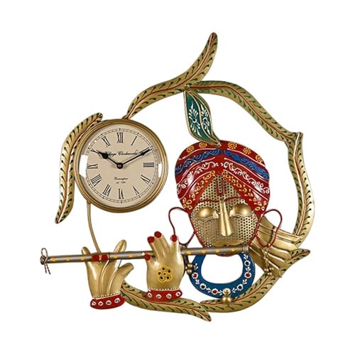 Image of Handcrafted Metal Krishna Wall Clock for Home Decor | Lord Krishna Design Spiritual Wall Art for Living Room, Bedroom, Temple & Office | Elegant Religious Gift Item (Multicolour, Iron Art)