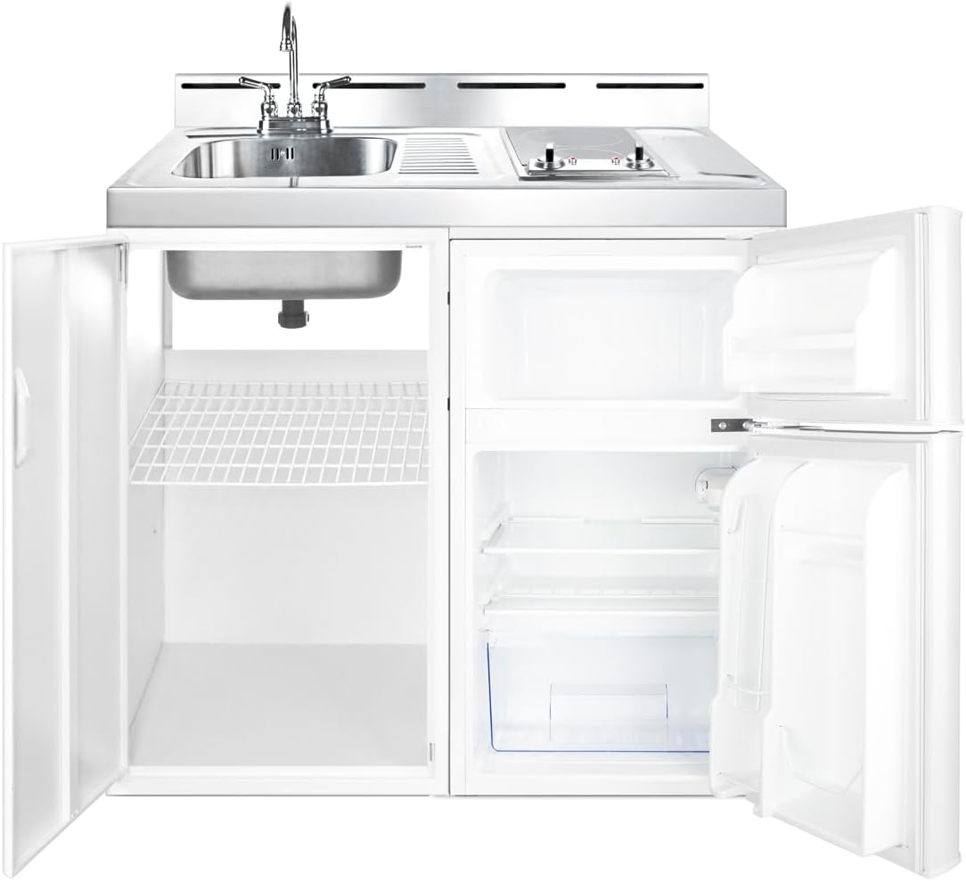 Summit 39" Wide All-In-One Kitchenette, 2-Door Refrigerator-Freezer, 2-Burner Smoothtop Cooktop, Sink, Storage, White- C39ELGLASS