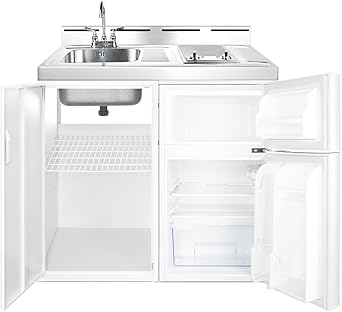 Summit 39 Wide All-In-One Kitchenette, 2-Door Refrigerator-Freezer, 2-Burner Smoothtop Cooktop, Sink, Storage, White- C39ELGLASS