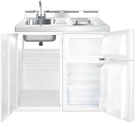 Summit 39 Wide All-In-One Kitchenette, 2-Door Refrigerator-Freezer, 2-Burner Smoothtop Cooktop, Sink, Storage, White- C39ELGLASS