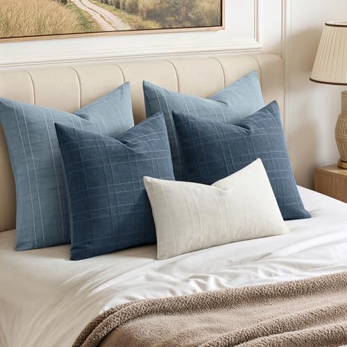 Image of MIULEE Decorative Linen Check Throw Pillow Covers Neutral Farmhouse Vintage Pillow Covers 18x18 Set of 2 Boho Modern Home Decor for Sofa Couch Bedroom Cushion Deep Blue