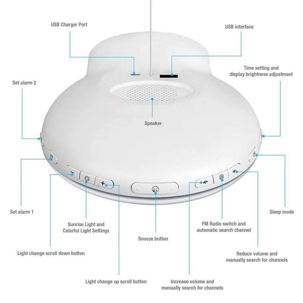 Naturale Wake-up Light Luminosità regolabile LED Light Light Batteria Life USB Carica Allarme Portatile ABS + PC Materiale adatto per casa Camera da letto Dormitorio Luce del tempo luce (bianc