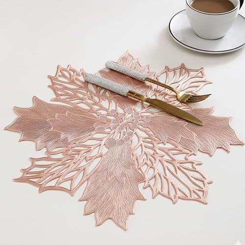 Image of Yellow Weaves 2 Pcs PVC Botanical Star Design Table Placemat, Dining Table Mat, Anti-Skid, Washable, Dining, Kitchen, Restaurant Table Set Easy to Clean, Durable (Rose Gold)