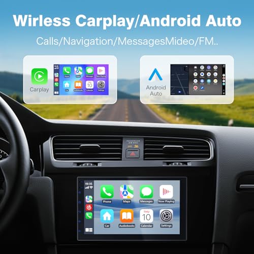 Haudio Double Din Wireless CarPlay Screen for Car, 7\" HD Touchscreen with Apple CarPlay, Android Auto, GPS Navigation, Bluetooth, Voice Control, Mirror Link (2+32G, No Backup Camera)
