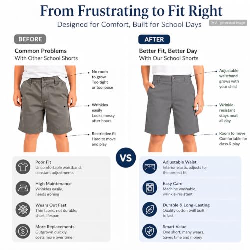 Image of Bienzoe Boys School Uniform Shorts: Flat Front Cotton Bermuda - Adjustable Waist - Breathable for Church Outdoor - Aged 4-13