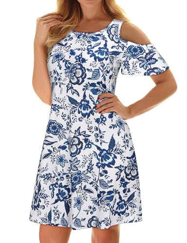 Image of Misyula Style Womens Summer Cold Shoulder Floral Flowy T-Shirt Dress with Pockets