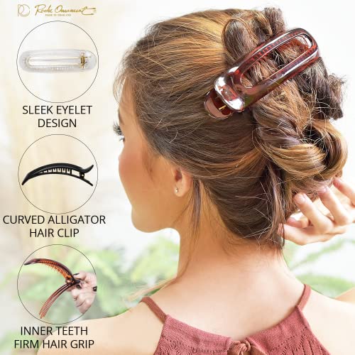 Rc Roche Ornament 6 Pcs Womens French Barrette Classic Duckbill Alligator Eyelet Oval Hair Decor Clips Side Slide Firm Grip Beauty Accessory Plastic Styling Pin Clamps, Large Clear Brown And Black #TOP1