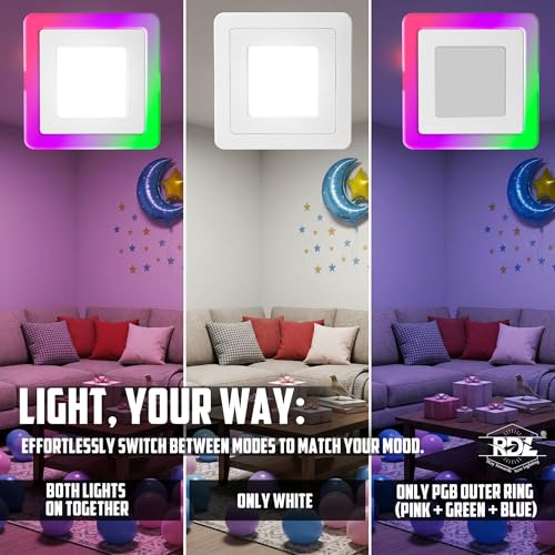 Image of RDL 15Watt Multicolor Surface Ceiling Light with Sqaure Shape | White+PGB | Ceiling Light for Bedroom, Living Room, Kitchen, Balcony | Pack of 1 (Multicolor)