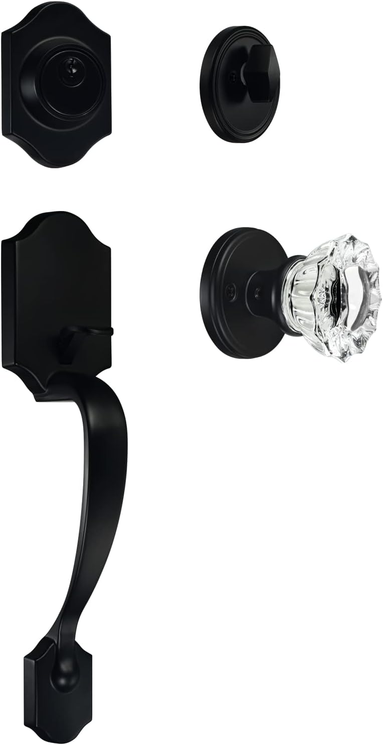 Black Front Door Lock Set with Single Cylinder Deadbolt and Crystal Glass Knob, Entry Front Door Handle Reversible for Left & Right Handed Door, Matte Black Finish